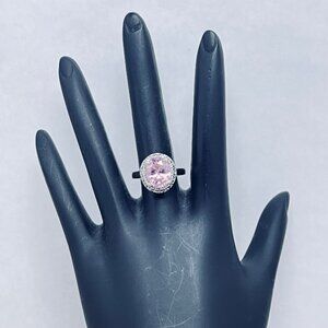Silver Tone With Pink Glass Rhinestone Statement Ring (R367)